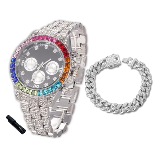 Halukakah Diamanten-Gold-Uhr Iced Out für Jungen - Platin Platiniert,40mm Schwarz Zifferblatt,Japanisches Quarzwerk - 18.5cm Länge,mit 18cm Cuban-Kette & Anpassungswerkzeug - für Geburtstage,Partys Halukakah Diamanten-Gold-Uhr Iced Out für Jungen - Platin Platiniert,40mm Schwarz Zifferblatt,Japanisches Quarzwerk - 18.5cm Länge,mit 18cm Cuban-Kette & Anpassungswerkzeug - für Geburtstage,Partys von Halukakah