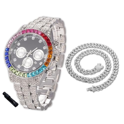 Halukakah Diamanten-Gold-Uhr Iced Out für Jungen - Platin Platiniert,40mm Schwarz Zifferblatt,Japanisches Quarzwerk - 18.5cm Länge,mit 40cm Cuban-Kette & Anpassungswerkzeug - für Geburtstage,Partys Halukakah Diamanten-Gold-Uhr Iced Out für Jungen - Platin Platiniert,40mm Schwarz Zifferblatt,Japanisches Quarzwerk - 18.5cm Länge,mit 40cm Cuban-Kette & Anpassungswerkzeug - für Geburtstage,Partys von Halukakah