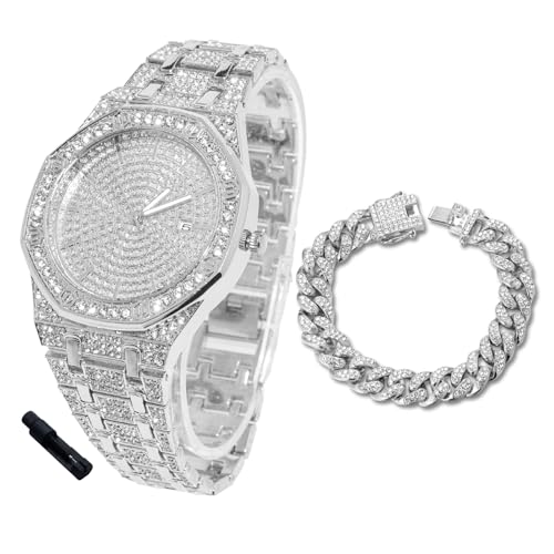 Halukakah Diamanten-Gold-Uhr Iced Out für Jungen - Platin Platiniert,41mm Achteck Zifferblatt,Japanisches Quarzwerk - 19cm Länge,mit 18cm Cuban-Kette & Anpassungswerkzeug - für Geburtstage,Partys von Halukakah