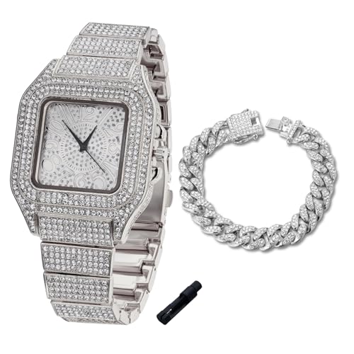 Halukakah Diamanten-Gold-Uhr Iced Out für Jungen - Platin Platiniert,Eckiges Zifferblatt mit Arabischen Zahlen,Japanisches Quarzwerk - 18.5cm Länge,mit 18cm Cuban-Kette & Anpassungswerkzeug von Halukakah