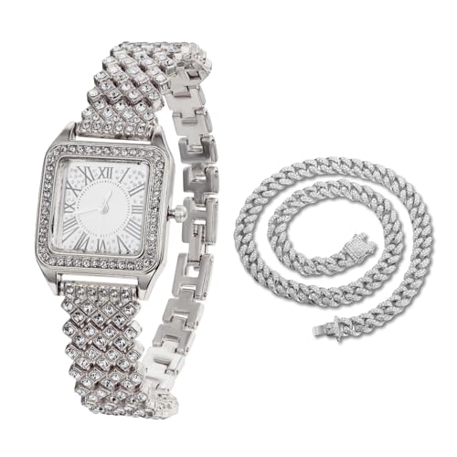 Halukakah Diamanten Gold Uhr Iced Out für Jungen - Platin Platiniert,Quadratisches Zifferblatt mit Römischen Zahlen,Japanisches Quarzwerk - 19,5cm Länge - Kommt mit Cuban-Kette 40cm - für Partys von Halukakah