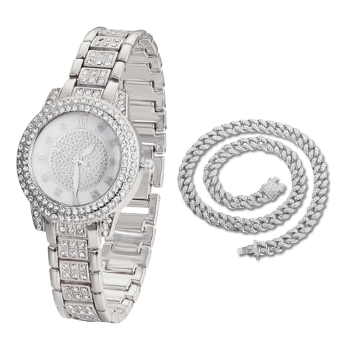 Halukakah Diamanten Gold Uhr Iced Out für Jungen - Platin Platiniert,Rundes Zifferblatt mit Gypsophila-Strasssteinen,Japanisches Quarzwerk - 19,5cm Länge - Kommt mit Cuban-Kette 40cm - für Partys von Halukakah