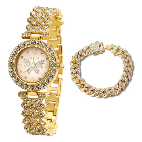 Halukakah Diamanten Gold Uhr Iced Out für Mädchen - 18K Echtgold Platiniert,29mm Zifferblatt mit Schmetterlingsmuster,Japanisches Quarzwerk - 19,5cm Länge - Kommt mit Cuban-Kette 18cm - für Partys von Halukakah