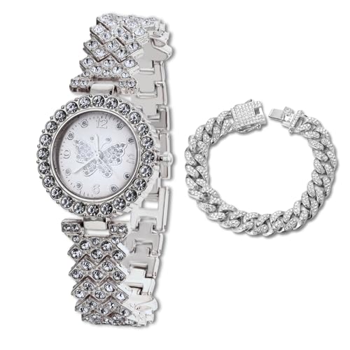 Halukakah Diamanten Gold Uhr Iced Out für Mädchen - Platin Platiniert,29mm Zifferblatt mit Schmetterlingsmuster,Japanisches Quarzwerk - 19,5cm Länge - Kommt mit Cuban-Kette 18cm - für Partys von Halukakah