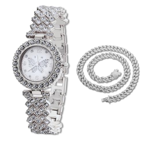 Halukakah Diamanten Gold Uhr Iced Out für Mädchen - Platin Platiniert,29mm Zifferblatt mit Schmetterlingsmuster,Japanisches Quarzwerk - 19,5cm Länge - Kommt mit Cuban-Kette 40cm - für Partys von Halukakah