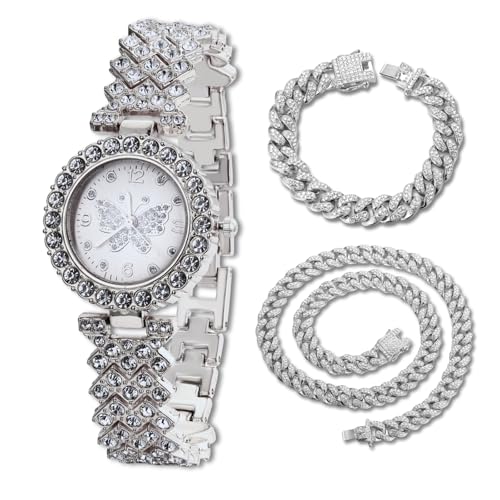 Halukakah Diamanten Gold Uhr Iced Out für Mädchen - Platin Platiniert,29mm Zifferblatt mit Schmetterlingsmuster,Japanisches Quarzwerk - 19,5cm Länge - Kommt mit Cuban-Ketten 18+40cm - für Partys von Halukakah
