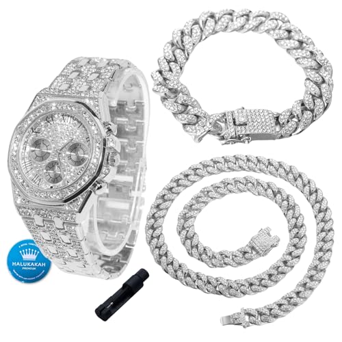 Halukakah Diamanten Gold Uhr für Jungen,Teenager - Platin Platiniert,40mm Achteckiges Zifferblatt mit Römischen Zahlen,Japanisches Quarzwerk - 20cm Länge,mit 18+40cm Cuban-Ketten & Anpassungswerkzeug Halukakah Diamanten Gold Uhr für Jungen,Teenager - Platin Platiniert,40mm Achteckiges Zifferblatt mit Römischen Zahlen,Japanisches Quarzwerk - 20cm Länge,mit 18+40cm Cuban-Ketten & Anpassungswerkzeug von Halukakah