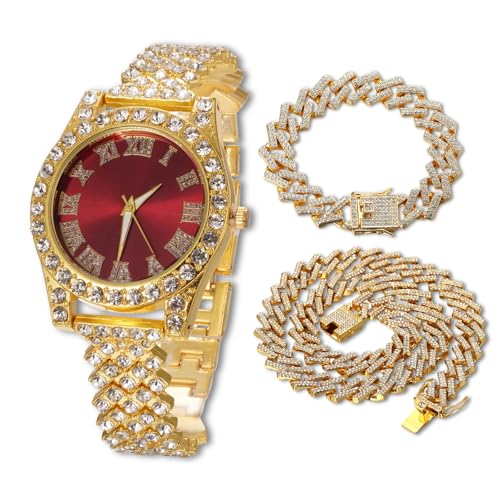Halukakah Diamantuhr Iced Out für Jungen Teenager – 18K Echtgold Plattiert, 36mm Rotes Zifferblatt, 20cm Länge, mit Cuban-Ketten 18+40cm & Justierwerkzeug – Goldfolien-Geschenkbox von Halukakah