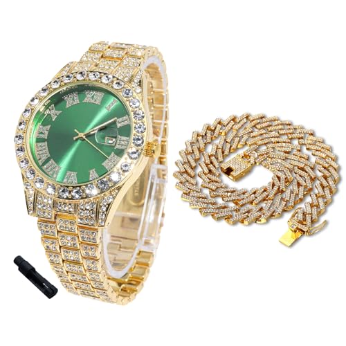 Halukakah Diamantuhr Iced Out für Jungen Teenager – 18K Echtgold Plattiert, 42mm Grünes Zifferblatt, 20cm Länge, mit Cuban-Kette 40cm & Justierwerkzeug – Goldfolien-Geschenkbox von Halukakah