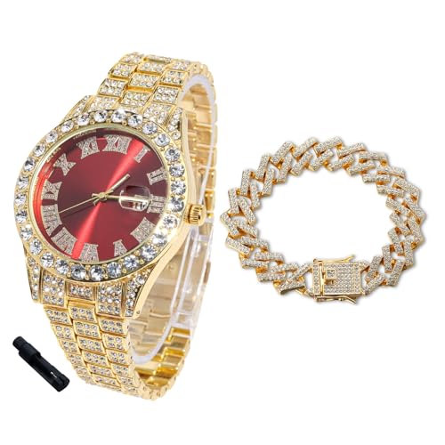 Halukakah Diamantuhr Iced Out für Jungen Teenager – 18K Echtgold Plattiert, 42mm Rotes Zifferblatt, 20cm Länge, mit Cuban-Kette 18cm & Justierwerkzeug – Goldfolien-Geschenkbox von Halukakah