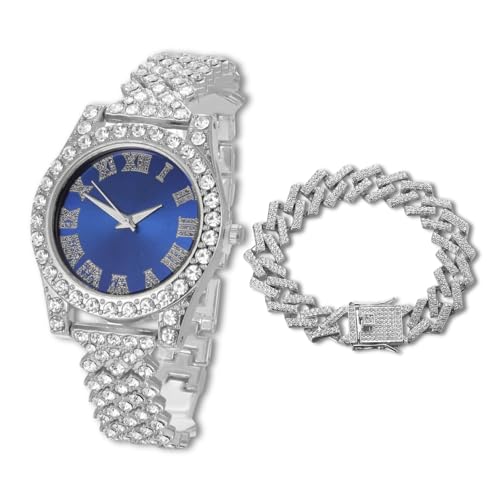 Halukakah Diamantuhr Iced Out für Jungen Teenager – Platin Plattiert, 36mm Blaues Zifferblatt, 20cm Länge, mit Cuban-Kette 18cm & Justierwerkzeug – Goldfolien-Geschenkbox von Halukakah