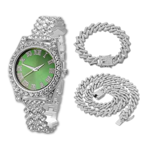 Halukakah Diamantuhr Iced Out für Jungen Teenager – Platin Plattiert, 36mm Grünes Zifferblatt, 20cm Länge, mit Cuban-Ketten 18+40cm & Justierwerkzeug – Goldfolien-Geschenkbox von Halukakah