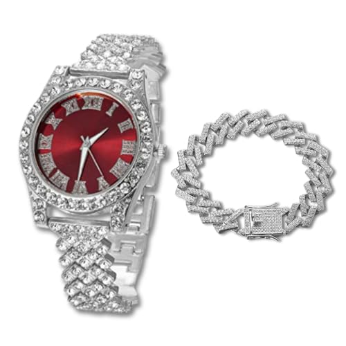 Halukakah Diamantuhr Iced Out für Jungen Teenager – Platin Plattiert, 36mm Rotes Zifferblatt, 20cm Länge, mit Cuban-Kette 18cm & Justierwerkzeug – Goldfolien-Geschenkbox von Halukakah