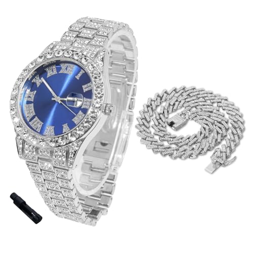 Halukakah Diamantuhr Iced Out für Jungen Teenager – Platin Plattiert, 42mm Blaues Zifferblatt, 20cm Länge, mit Cuban-Kette 40cm & Justierwerkzeug – Goldfolien-Geschenkbox von Halukakah