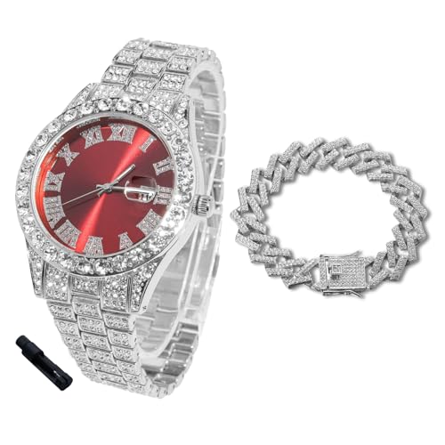Halukakah Diamantuhr Iced Out für Jungen Teenager – Platin Plattiert, 42mm Rotes Zifferblatt, 20cm Länge, mit Cuban-Kette 18cm & Justierwerkzeug – Goldfolien-Geschenkbox von Halukakah