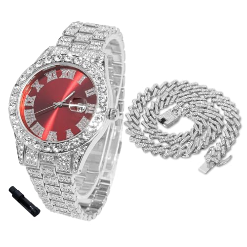 Halukakah Diamantuhr Iced Out für Jungen Teenager – Platin Plattiert, 42mm Rotes Zifferblatt, 20cm Länge, mit Cuban-Kette 40cm & Justierwerkzeug – Goldfolien-Geschenkbox von Halukakah