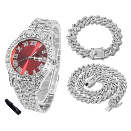 Halukakah Diamantuhr Iced Out für Jungen Teenager – Platin Plattiert, 42mm Rotes Zifferblatt, 20cm Länge, mit Cuban-Ketten 18+40cm & Justierwerkzeug – Goldfolien-Geschenkbox von Halukakah