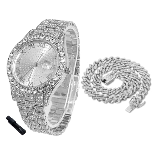 Halukakah Diamantuhr Iced Out für Jungen Teenager – Platin Plattiert, 42mm Rundes Zifferblatt, 20cm Länge, mit Cuban-Kette 40cm & Justierwerkzeug – Goldfolien-Geschenkbox Halukakah Diamantuhr Iced Out für Jungen Teenager – Platin Plattiert, 42mm Rundes Zifferblatt, 20cm Länge, mit Cuban-Kette 40cm & Justierwerkzeug – Goldfolien-Geschenkbox von Halukakah