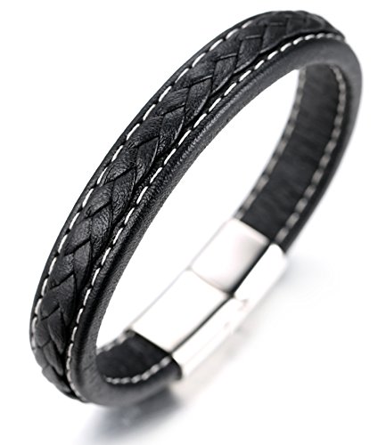 Halukakah ● Dynastie ● Herren-Armband Handgefertigt | Echtleder in Schwarz | Magnetverschluss aus Edelstahl in Silber | V-gewebt | KOSTENLOS Geschenkbox | Tolle Geschenkidee | 21.5cm von Halukakah