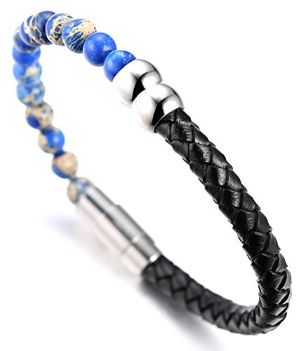 Halukakah ● Salute Die See ● Herren-Armband Handgefertigt | Echtleder Schwarz | Rohr Magnetverschluss Edelstahl Silber | Naturstein Blauen?Kaiserlich Stein Perlen | KOSTENLOS Geschenkbox | 21.5cm von Halukakah