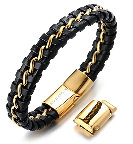 Halukakah ● Ehre ● Herren-Armband Handgefertigt | Echtleder in Schwarz | Magnetverschluss Edelstahl Gold | mit Titan Kette in Gold | KOSTENLOS Geschenkbox | Tolle Geschenkidee | 21.5cm-23cm von Halukakah