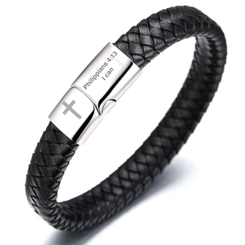Halukakah Faithful Strength Herren-Lederarmband - 21,5cm Klassisches Schwarz Leder mit Magnetischer Titanstahlschließe,Gravierte Philippians 4:13 I can & Kreuz.Religiöses Geschenk für Ihn von Halukakah