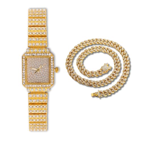 Halukakah Frauen Diamant-Armbanduhr,18k Echtgold Plattiert,Voller Diamanten Funkelnde Sternchen,Rechteckiges Zifferblatt,Elegant & Lässig,Edelstahlband Quarzuhr,mit Cuban-Kette 40cm,Geschenk für Sie von Halukakah