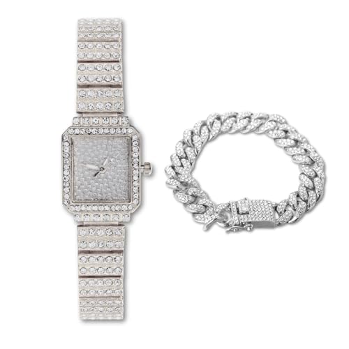 Halukakah Frauen Diamant-Armbanduhr,Platin Plattiert,Voller Diamanten Funkelnde Sternchen,Rechteckiges Zifferblatt,Elegant & Lässig,Edelstahlband Quarzuhr,mit Cuban-Kette 18cm,Geschenk für Sie von Halukakah