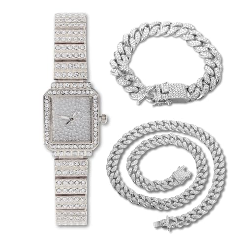 Halukakah Frauen Diamant-Armbanduhr,Platin Plattiert,Voller Diamanten Funkelnde Sternchen,Rechteckiges Zifferblatt,Elegant & Lässig,Edelstahlband Quarzuhr,mit Cuban-Ketten 18+40cm,Geschenk für Sie von Halukakah