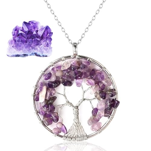 Halukakah Frauen Kristalle und Heilsteine Halskette Platinbeschichtetes Messing Draht Natürlich Amethyst Quarz Lila Handgefertigt Gewundener Baum des Lebens Anhänger 5cm Kette 50cm von Halukakah