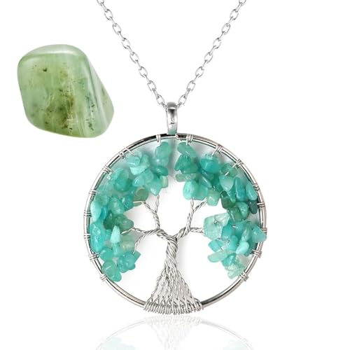 Halukakah Frauen Kristalle und Heilsteine Halskette Platinbeschichtetes Messing Draht Natürlich Jade Handgefertigt Gewundener Baum des Lebens Anhänger 5cm Kette 50cm von Halukakah