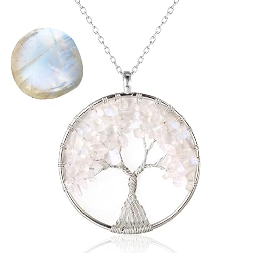 Halukakah Frauen Kristalle und Heilsteine Halskette Platinbeschichtetes Messing Draht Natürlich Mondstein Handgefertigt Gewundener Baum des Lebens Anhänger 5cm Kette 50cm von Halukakah