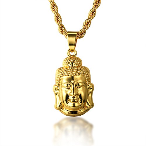 Halukakah ● Gold Segne Alle ● Goldkette Männer Herren 18 Karat Echt Vergoldet Buddha Kopf Anhänger Halskette Künstliche Diamanten Set mit 3mm Seilkette 75cm,KOSTENLOSE Geschenkbox Halukakah ● Gold Segne Alle ● Goldkette Männer Herren 18 Karat Echt Vergoldet Buddha Kopf Anhänger Halskette Künstliche Diamanten Set mit 3mm Seilkette 75cm,KOSTENLOSE Geschenkbox von Halukakah