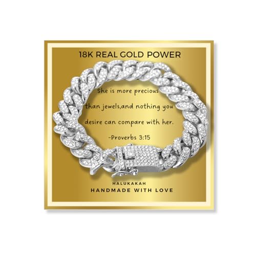 Halukakah Geschenk für Kinder - CARAT - Platinbeschichtet Kubanisches Armband 18cm - mit Einfühlsamen Bibelbotschaftskarte SHE IS PRECIOUS und Einer Goldenen Geschenkbox mit Folienveredelung von Halukakah