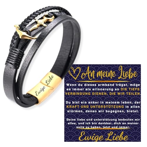 Halukakah Geschenk für Männer Geburtstag Weihnachten:24k Vergoldet Titan Anker Lederarmband 21,5cm.Ewige Liebe Graviert,mit Einer Schönen Nachricht Karte und Geschenkbox,für Ehemann Vater Freund von Halukakah