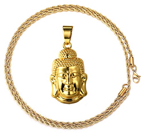 Halukakah ● Gold Segne Alle ● Goldkette Männer 18 Karat Echt Vergoldet Buddha Kopf Anhänger Halskette,Volle Cz Labordiamanten Zinken-Set,mit 3mm Seilkette 60cm,KOSTENLOSE Geschenkbox von Halukakah