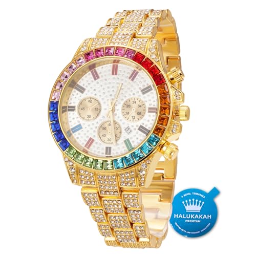 Halukakah Gold Uhr Diamanten Mehrfarbig, Herren 18K Echtes Gold Plattiert 40MM Breite Weiß Zifferblatt Quarz Armband 21cm,Kostenlose Geschenkbox von Halukakah