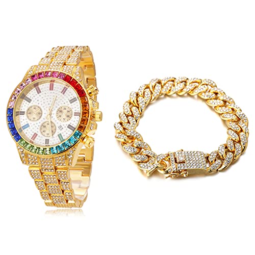 Halukakah Gold Uhr Diamanten Mehrfarbig, Herren 18K Echtes Gold Plattiert 40MM Breite Weiß Zifferblatt Quarz Armband 21cm mit Kubanischer Kette 20cm Bracelet,Kostenlose Geschenkbox von Halukakah