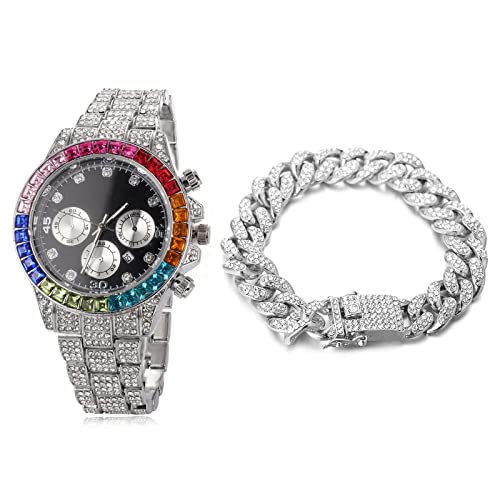 Halukakah Gold Uhr Diamanten Mehrfarbig, Herren Platinplattiert Weißgold 40MM Breite Schwarz Zifferblatt Quarz Armband 21cm mit Kubanischer Kette 20cm Bracelet,Kostenlose Geschenkbox Halukakah Gold Uhr Diamanten Mehrfarbig, Herren Platinplattiert Weißgold 40MM Breite Schwarz Zifferblatt Quarz Armband 21cm mit Kubanischer Kette 20cm Bracelet,Kostenlose Geschenkbox von Halukakah