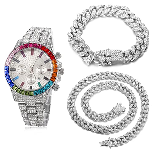 Halukakah Gold Uhr Diamanten Mehrfarbig, Herren Platinplattiert Weißgold 40MM Breite Weiß Zifferblatt Quarz Armband 21cm mit Kubanischer Kette 20+45cm Halskette Armband,Kostenlose Geschenkbox von Halukakah