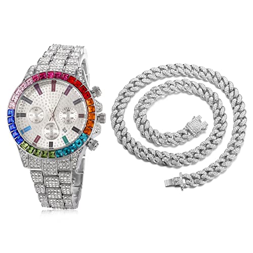Halukakah Gold Uhr Diamanten Mehrfarbig, Herren Platinplattiert Weißgold 40MM Breite Weiß Zifferblatt Quarz Armband 21cm mit Kubanischer Kette 45cm Necklace,Kostenlose Geschenkbox Halukakah Gold Uhr Diamanten Mehrfarbig, Herren Platinplattiert Weißgold 40MM Breite Weiß Zifferblatt Quarz Armband 21cm mit Kubanischer Kette 45cm Necklace,Kostenlose Geschenkbox von Halukakah