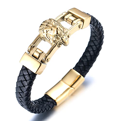 Halukakah Goldarmband für Herren,24k Vergoldet Solide Titan Stahl Löwenkopf Hohles Design Wildtier Wikinger Handgefertigtes Lederarmband Magnetverschluss 21,5cm,KOSTENLOSE Geschenkbox von Halukakah