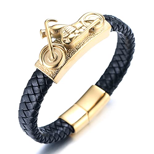 Halukakah Goldarmband für Herren,24k Vergoldet Solide Titan Stahl Motorrad Wildtier Wikinger Handgefertigtes Lederarmband Magnetverschluss 21,5cm,KOSTENLOSE Geschenkbox von Halukakah