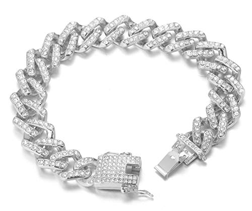 Halukakah Goldkette Herren Iced Out,Echt Weißgold Vergoldete Männer Armband,Silber,Miami Blitzkette,18cm,Geschenk für Mann von Halukakah