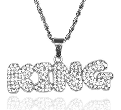 Halukakah Goldkette für Männer Iced Out,Platin Weißgold Volle Cz Blasenbuchstabe King Anhänger Halskette Labordiamanten Zinken-Set mit Seilkette 60cm Kostenlose Geschenkbox von Halukakah