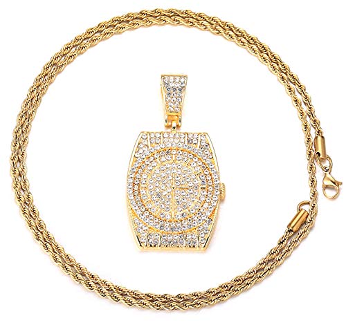 Halukakah Goldkette für Männer Iced Out,18 Karat Echt Vergoldet 3D Uhr Anhänger Halskette Volle Cz Labordiamanten Zinken-Set mit Seilkette 60cm KOSTENLOSE Geschenkbox von Halukakah