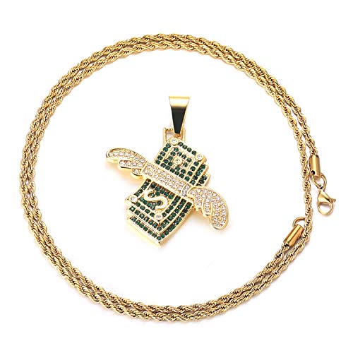 Halukakah Goldkette für Männer Iced Out,18 Karat Echt Vergoldet Engelsflügel Dollar Geld Anhänger Halskette Volle Cz Labordiamanten Zinken-Set mit Seilkette 60cm Kostenlose Geschenkbox von Halukakah