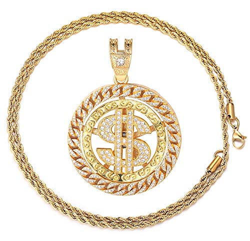 Halukakah Goldkette für Männer Iced Out,18 Karat Echt Vergoldet Rotierende Dollar Geld Anhänger Halskette Volle Cz Labordiamanten Zinken-Set mit Seilkette 60cm Kostenlose Geschenkbox von Halukakah