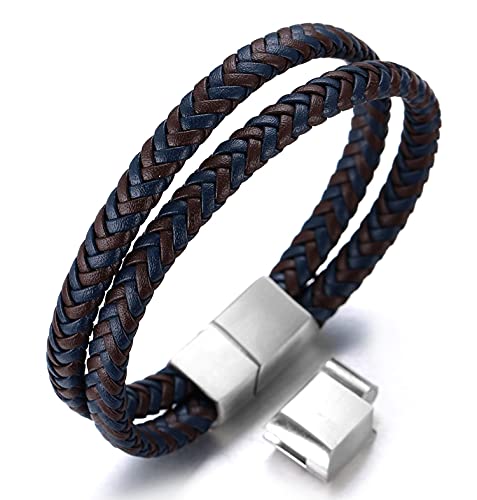 Halukakah ● Golf ● Herren Echtes Leder Armband Blauer mischen Braun Geflochtenes Doppelt Wickeln Silber Titan Magnetverschluss Größe Einstellbar 21.5-23cm mit Kostenloser Geschenkbox von Halukakah