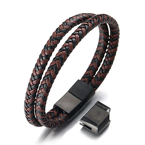 Halukakah ● Golf ● Herren Echtes Leder Armband Schwarzer mischen Braun Geflochtenes Doppelt Wickeln Schwarz Titan Magnetverschluss Größe Einstellbar 21.5-23cm mit Kostenloser Geschenkbox von Halukakah